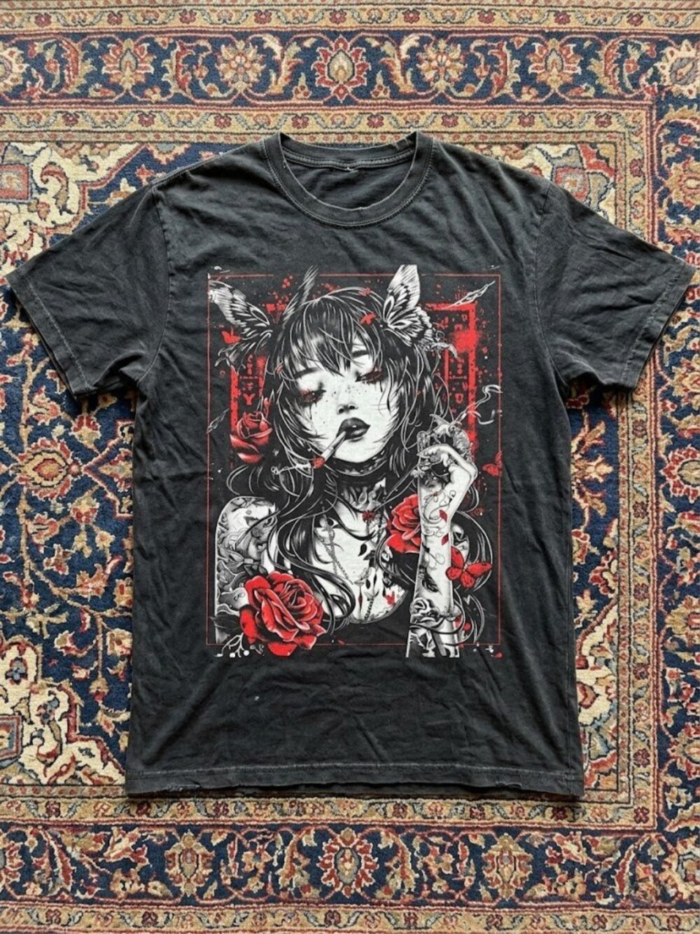 Anime Cyberpunk Goth Roses T-Shirt Japanese Streetwear Unisec NWT